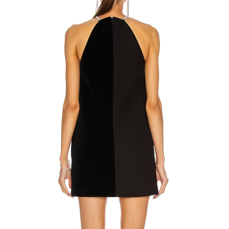 

VGH Hit Color Elegant Dress For Women Halter Sleeveless High Waist Patchwork Diamond Vintage Mini Dresses Female 2021 Summer New