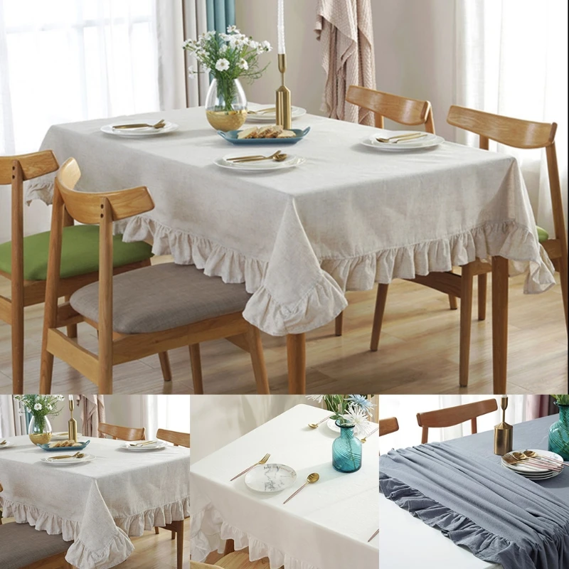 rustic vintage flounces ruffle trim tablecloth washable cotton linen rectangular table cover for kitchen farmhouse free global shipping