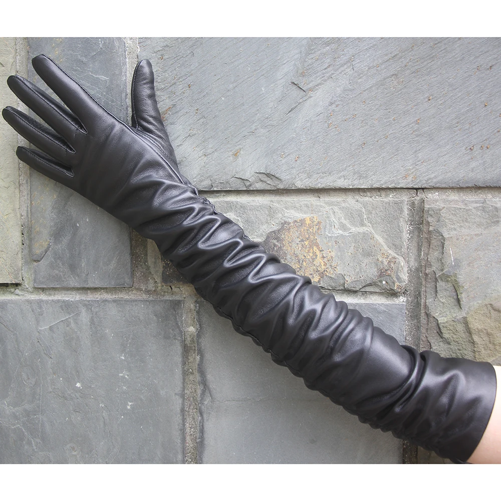 Women glove long Crinkle Sheepskin Genuine Leather Fold Long Glove Lady Fall Winter Warm