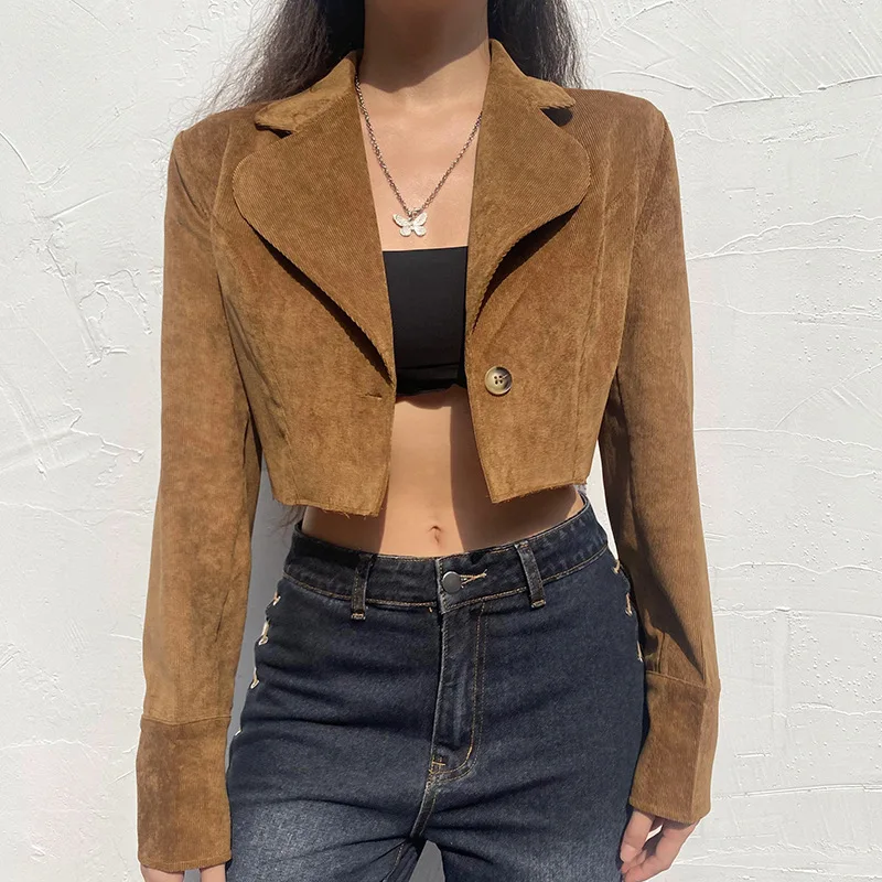 

2021 Suit Collar Retro One Button Brown Short Suit Jacket Pure Color Corduroy Temperament Casual Jacket Top Blazers for Women
