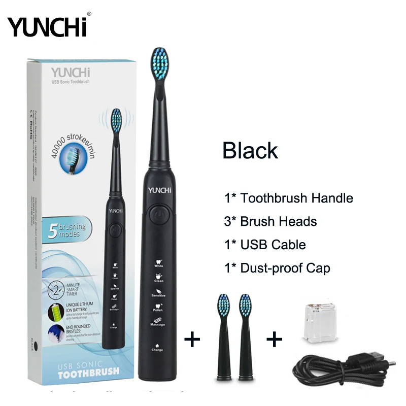 YunchiBlack Seago SG-507, электрическая зубная щетка, звуковая волна, вибрация, чистое отбеливание зубов, 3 сменные насадки, 5 режимов, зарядка от USB - Цвет: YunchiBlack