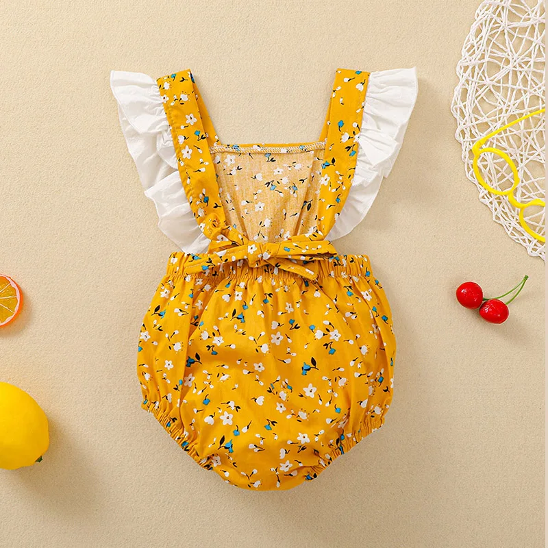 

Newborn Baby Girl 0-18M Sleeveless Romper Flower Print Ruffle Decoration Elastic Band Summer Clothing