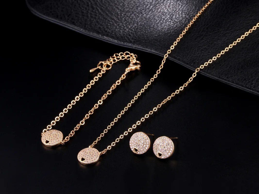 Модные золотые ювелирные изделия набор Циркон Любовь круг серьги ожерелье кулон