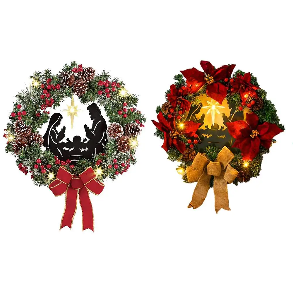 

Светящийся Рождественский венок с Иисусом, украшенный ветвями сосны, красными ягодами, сосновые конусы, гирлянда с красными бантами, искусс...