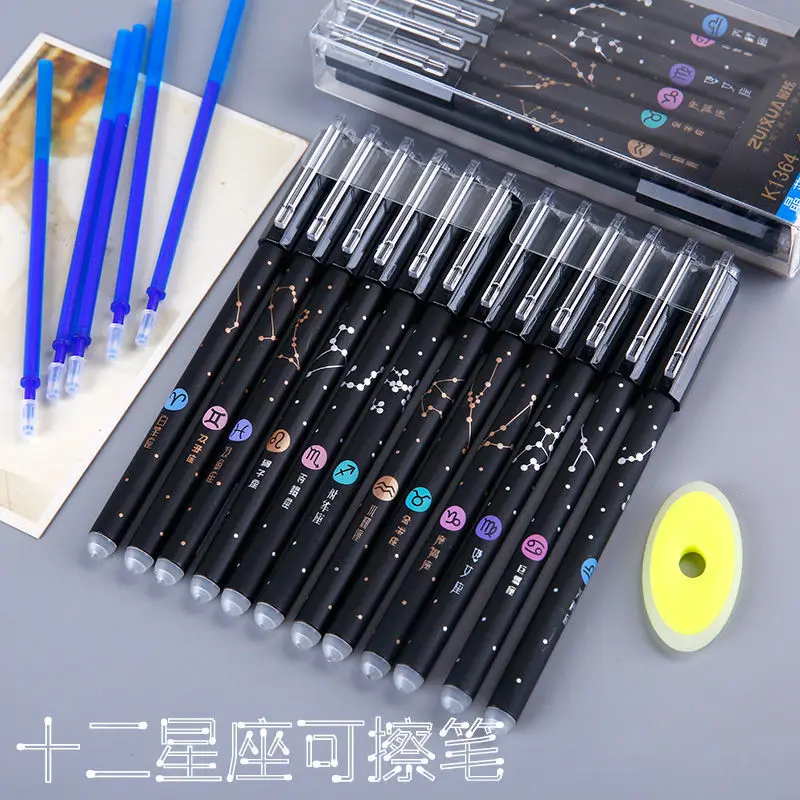 

12pcs Erasable Gel Pen Blue Black Ink 0.5mm Washable Handle Kawaii Pens Refill Rods School Pen Writing Tools Cute Stationery