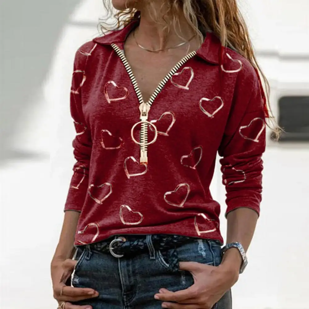 

Women Casual Zipper V Neck Heart Print Long Sleeve Sweatshirt Blouse T-shirt