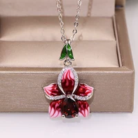new arrival pink epoxy flower with zircon stone silver color pendant long chian necklace choker for women fashion jewelry