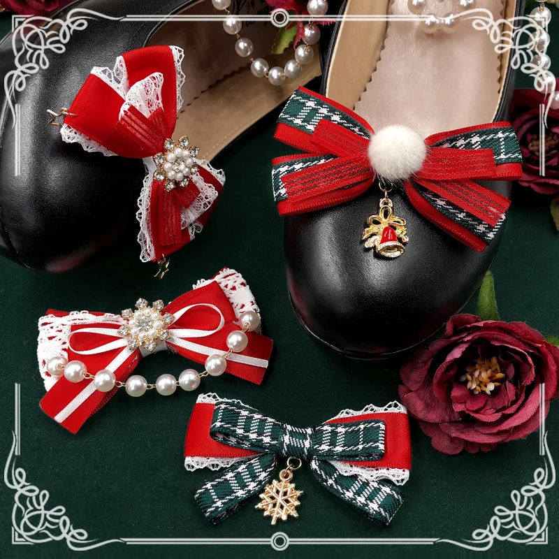 

DIY Christmas Series Bow Lolita Shoe Clip Decoration Cute Girls Leather Shoes Accessories Luxury Elegant Shoes Charms All-match