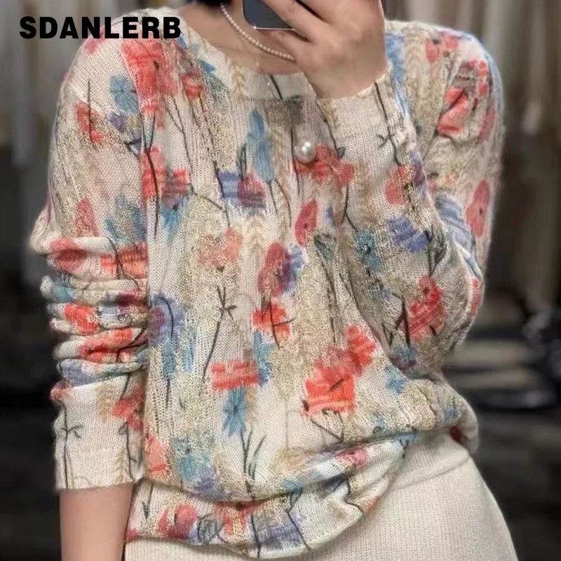 

Женский мохеровый свитер, тонкий пуловер свободного покроя с круглым вырезом и длинным рукавом, топ с принтом, Осень-зима 2021