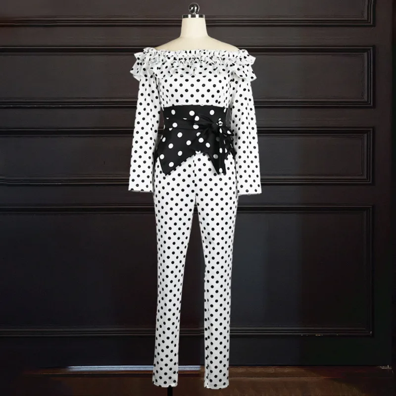 

DEAT 2021 New Slash Neck Long Sleeve Slim Fashion Tide White Patchwork Printing Ruffles High Waist Office Lady Jumpsuit 7E0248