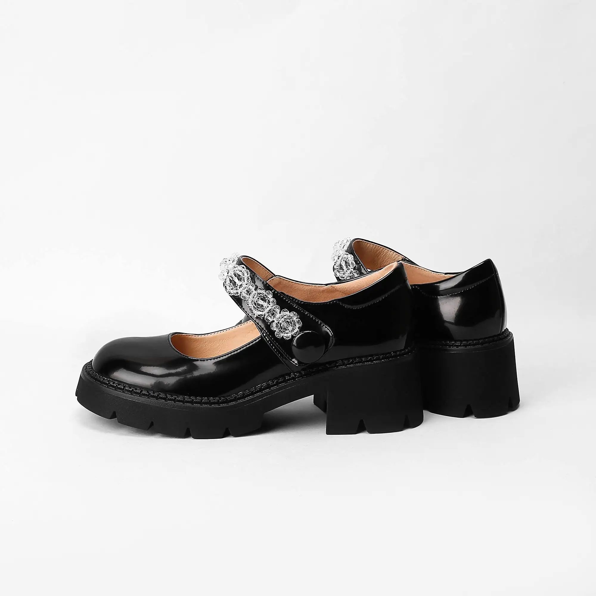 

Krazing Pot cow leather round toe thick high heels crystal flowers leisure cozy waterproof British school preppy style shoes L68