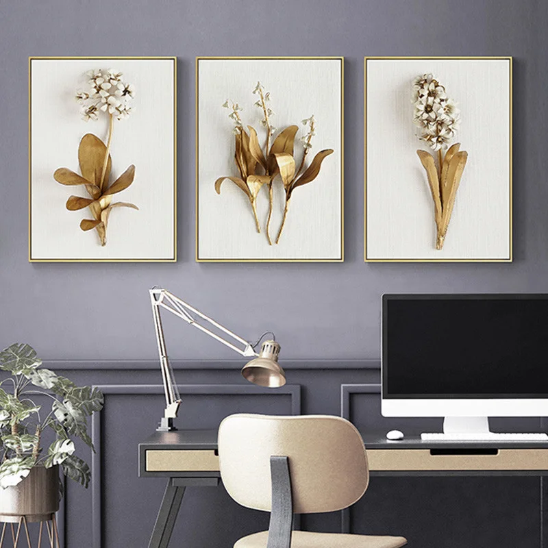 Nordic Золотые листья белые цветы фотографии холст картины стены искусства