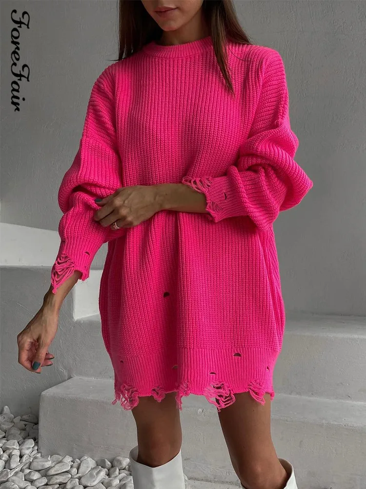

Forefair 2021 Knitted Green O Neck Pullover Long Sleeve Y2K Oversized Sweater Dresses Women Party Sexy Club Sweater Top Casual