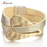 amorcome champagne gold metal heart charm leather bracelets for women fashion wide wrap bracelet female jewelry couple gifts