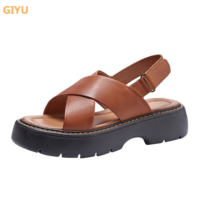 

Summer Thick-soled Sandals Women 2021 New Style Genuine Leather Cross Straps Flat Shoes Ladies College Open Toe Sandals