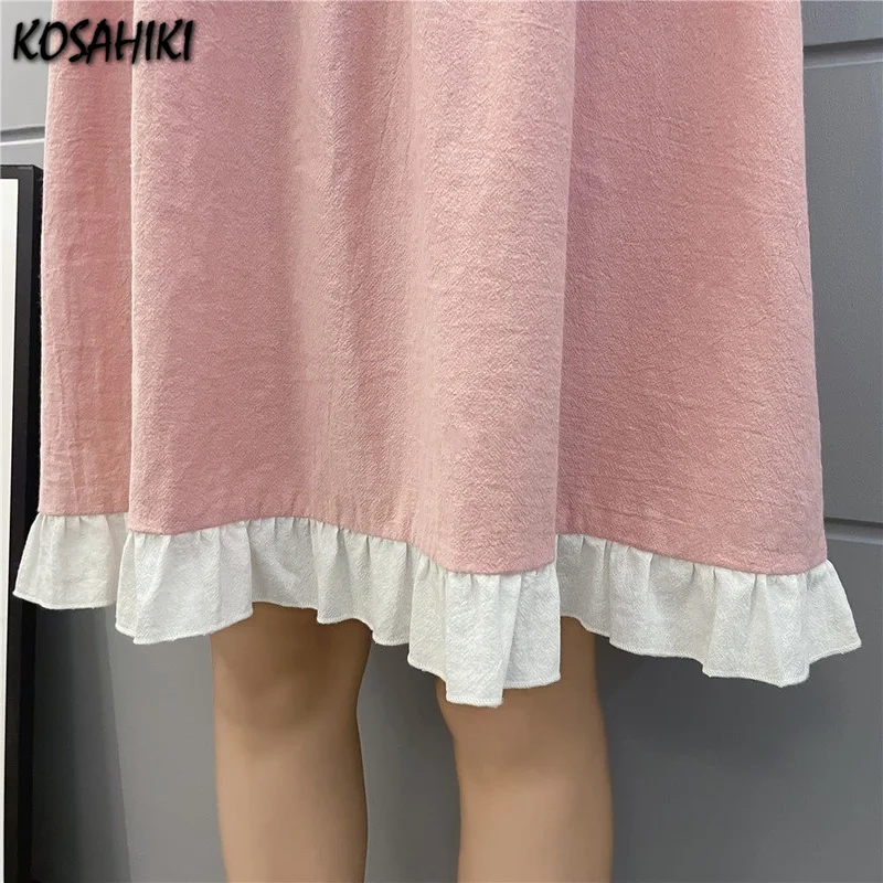 

KOSAHIKI Japanese Sweet Pink Dress Retro Kawaii Dresses Ruffle Patch Robe College Student Cute Dress Casual Vestido De Mujer