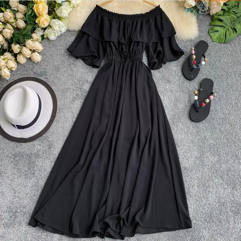 

Spring summer women's flare sleeve elastic slash neck dress female medium long chiffon dress beach dress TB215