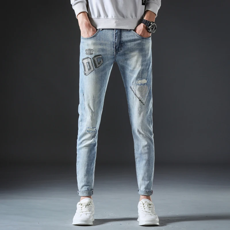 Обтягивающие джинсы для мужчин равные светильник синий стрейч высокого качества