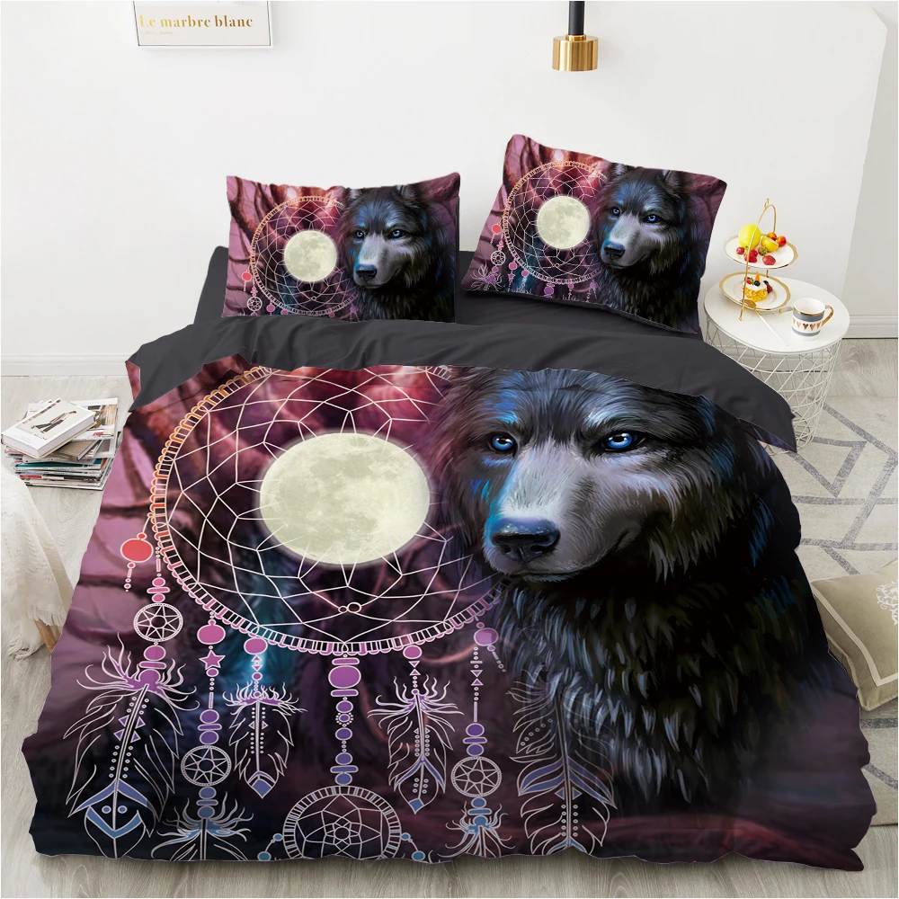 

Bohemian Bedding Set King Size Dreamcatcher Wolf Duvet Cover and Pillowcase Set Quilt Cover Bed Set Bedroom Comforter Set