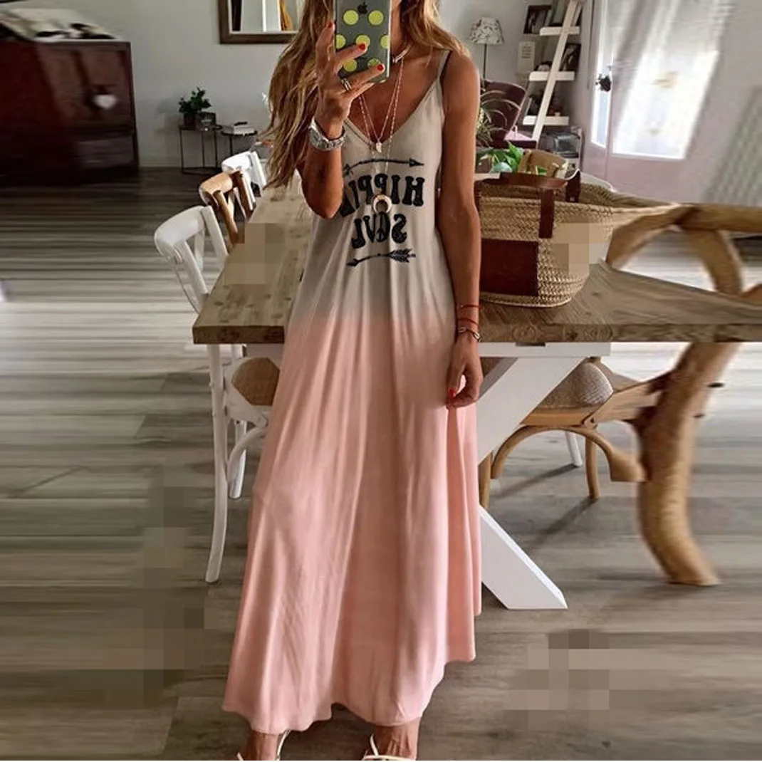 Pink Blue Letters Print Dress Sexy Spaghetti Strap Sleeveless Long Women Summer Casual Beach Dresses Female Plus Size 6XL | Женская