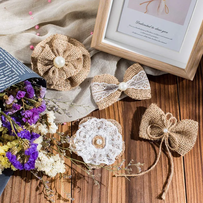 32 шт мешковины цветы и Bowknots набор включая винтажные розы джутовые шпагат