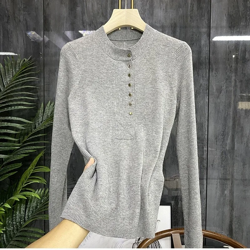 

Simple 2021 New Women Light Luxury Knit Sweater Long Sleeve Round Neck Knit Sweater Slim Female Top
