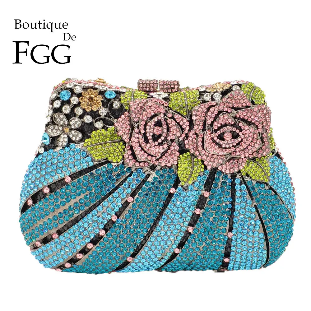 

Boutique De FGG Multi Flower Rose Women Mini Crystal Evening Minaudiere Bag Metal Hardcase Wedding Party Clutch Handbag Purse