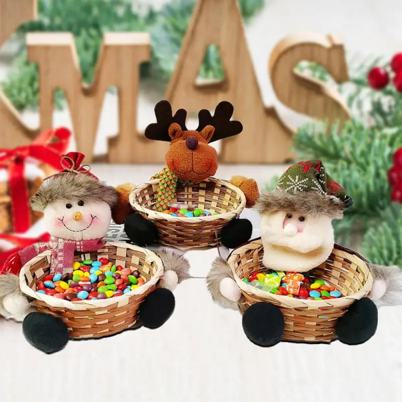 

1PC Merry Christmas Candy Wicker Basket Christmas Decor Elk Snowman Santa Claus Snack Basket Bamboo Basket Apple Storage Basket