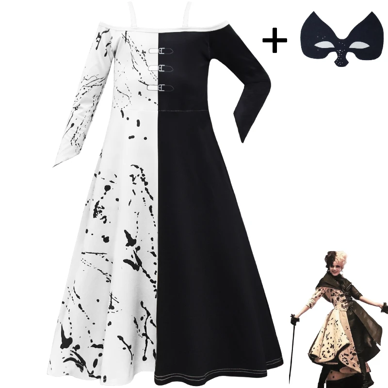 

Halloween Carnival Show Movie 101 Dalmatians Cruella De Vil Costume Cosplay Black White Dress Uniform Cloth Mask Kids Girls