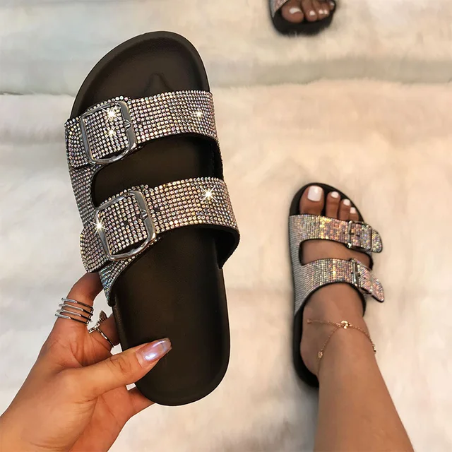 Sapatos femininos fora da plataforma chinelos 2020 moda colorido fivelas strass bling feminino plana sandálias de verão senhoras slides 3