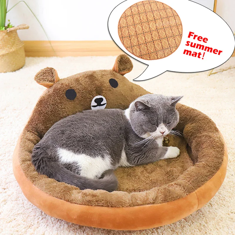 

New Style Pet Dog Cat Bed Round Open Bear Shape With Summer Mat Plush Cat Warm Bed Soft Long Plush Bed Dogs Cats Nest Cat Bed