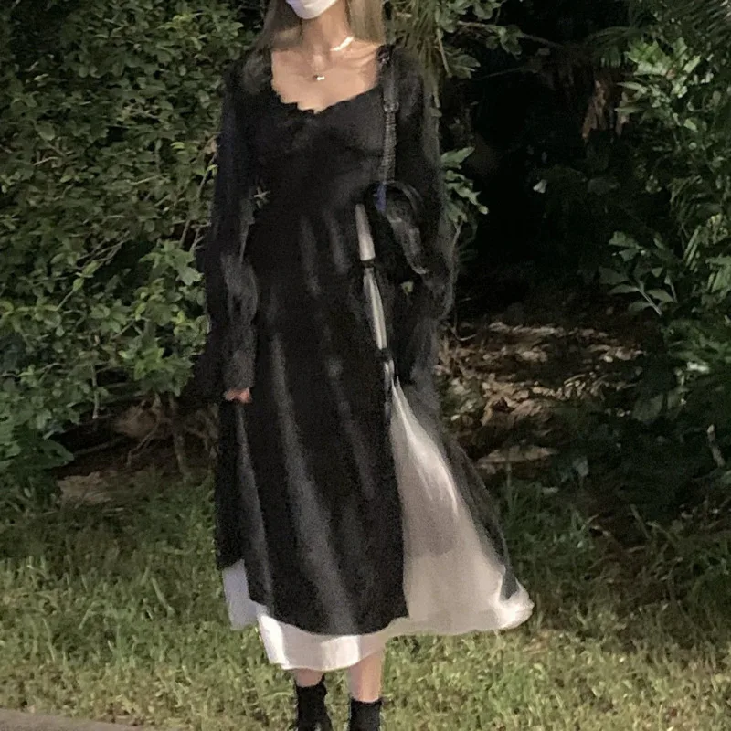 

SXGOTH Goth Dress Fairy Grunge Robe Aesthetic Women Gothic Ruffle Black Clothes Streetwear Lolita Harajuku Elegant Pleated