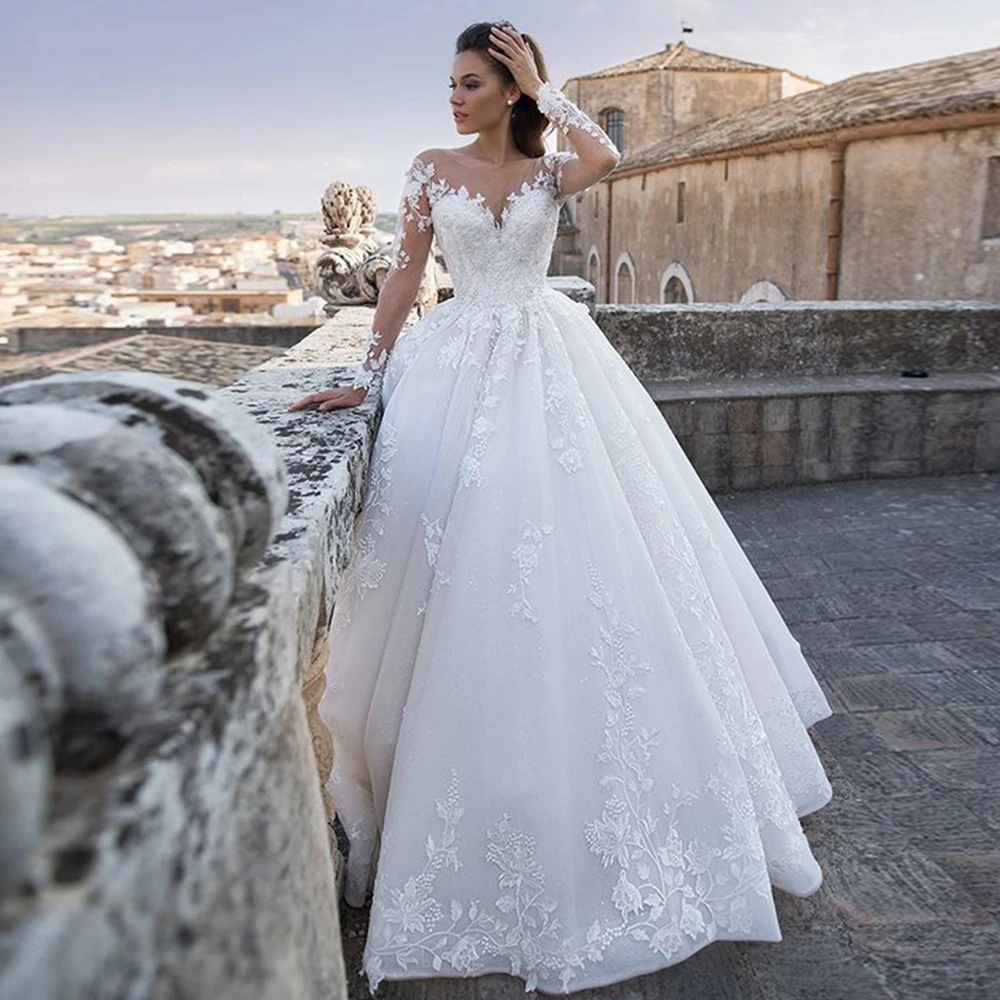 2021 Elegant Long Sleeves Princess Wedding Dress 2021 Sheer Neck Lace Ball Gown Bridal Dress Robe De Mariage Vestido Feminino