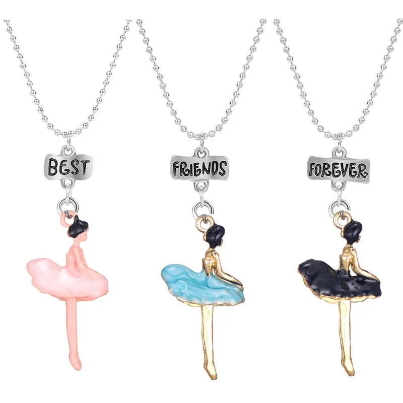 

2021 Ballet Girl Pendant Necklace Kids Fairy Jewelry 3Pcs/Set Best Friends Forever Necklace BFF Beads Chain Friendship Jewelry