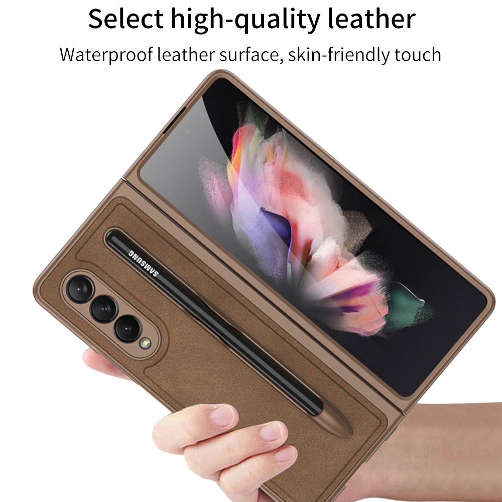 removable leather pen slot case for samsung galaxy z fold 3 5g phone case with pen holder hard full protection phone cover free global shipping