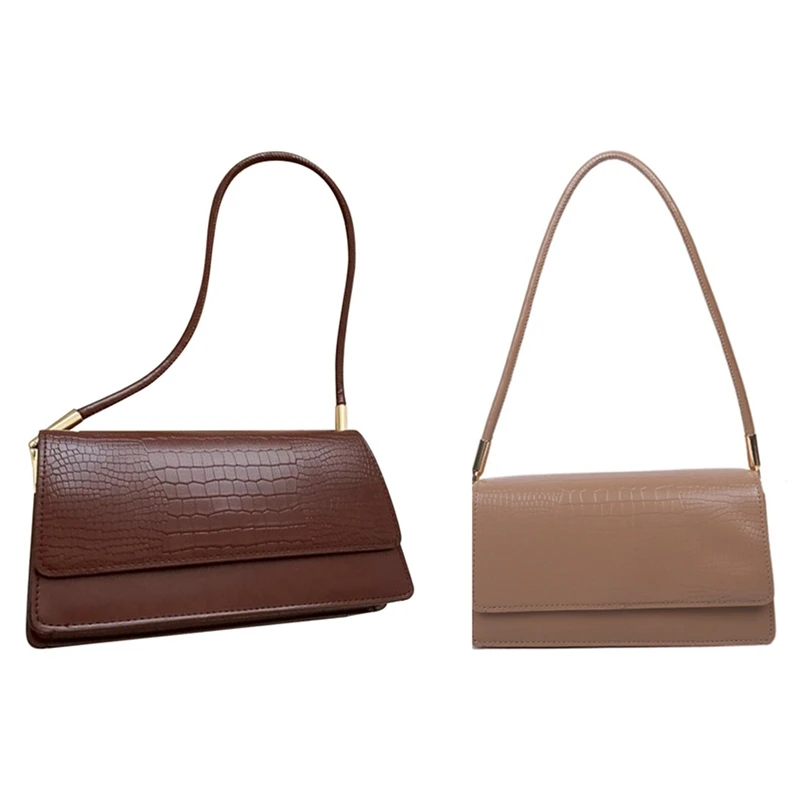 

2 Pcs Women Baguette Handbags Soild Colour AII Match Ladies Underarm Shoulder Bags Female Armpit Bag, Dark Brown & Khaki