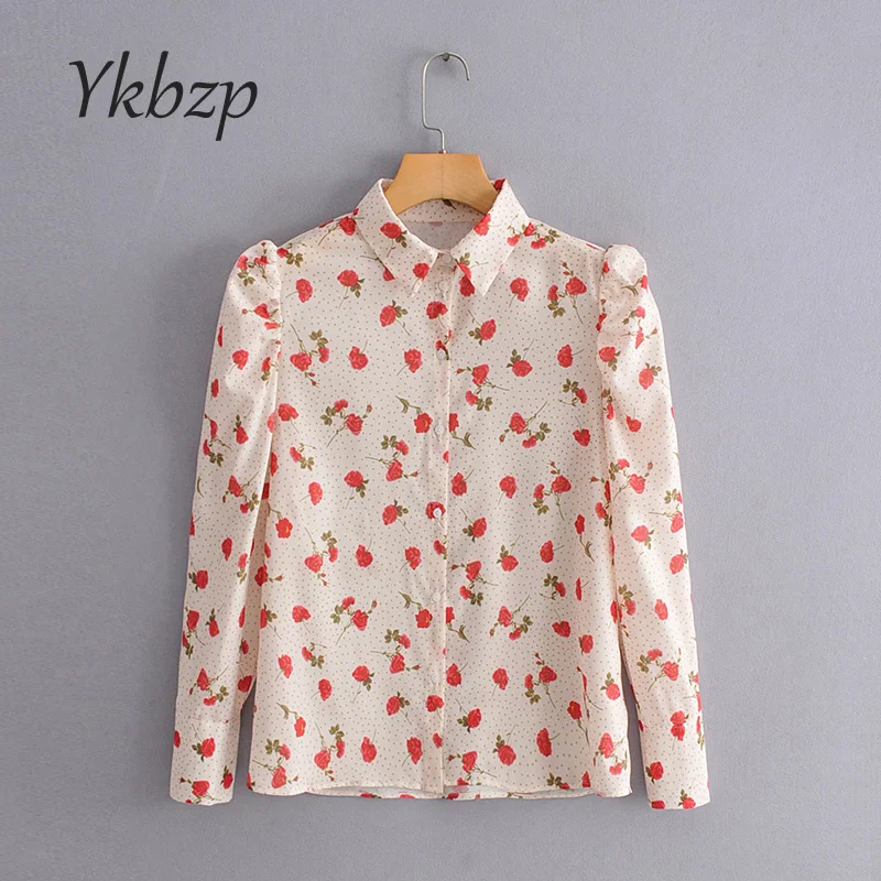 Новая блузка с розами топы цветочным принтом рубашки длинным рукавом женские