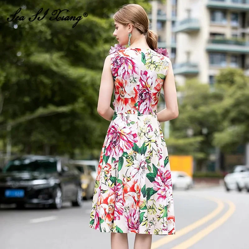 

Seasixiang Runway Women's Summer Sleeveless Dress Female Sexy V-neck Flower Print Applique Fashion Party Dresses