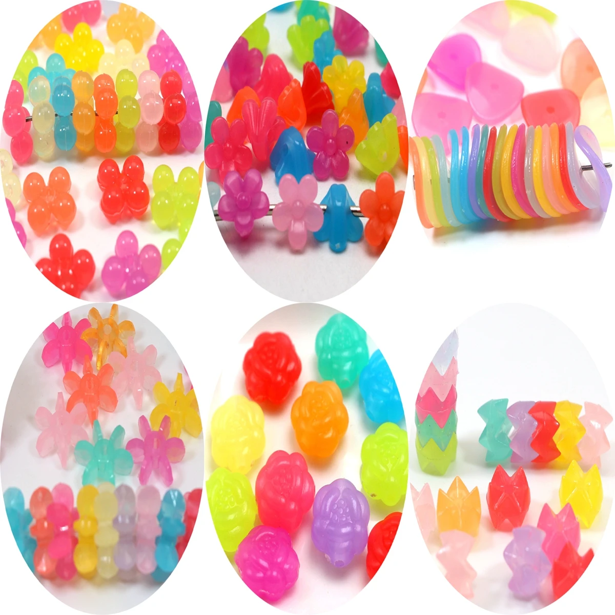 

200pcs Mixed Jelly Color Acrylic Various Shape Flower Spacer Beads Kids Crafts