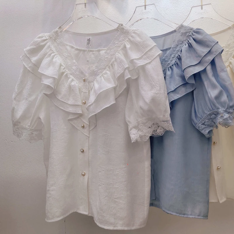 

Summer Women Shirts and Blouses Sweet Ruffles Women Tops 2021 New Short Sleeve V Neck Lace Blouse Korean Chiffon Shirt 13847