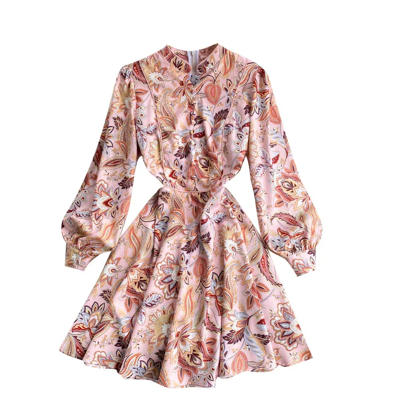 

Spring 2021 New Fashion Retro Palace Style Printed Vestidos Femininity Small Stand-up Collar Puff Sleeve Slim Mini Dress GK583