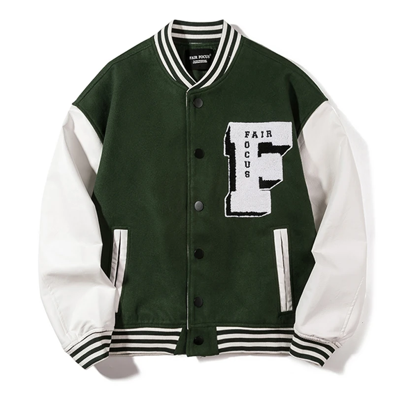 

Hip Baseball College Jacket Men Embroidery Letter F Leather Patchwork Streetwear Jackets New Spring Casual Coat Couple