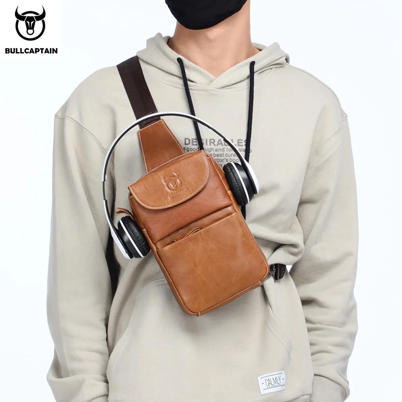 

New Men's Fashion Crossbody Shoulder Bag with Zipper Genuine Cowhide Leather Chest Bags for Male Fashion Messenger Chest Pack