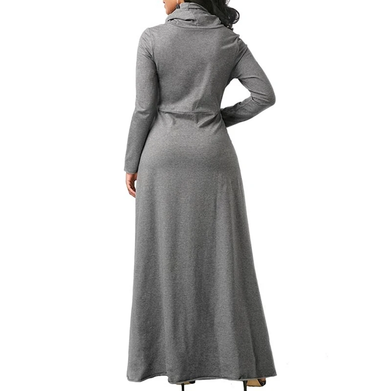 High Collar Dress Tall Women Floor Length Long Maxi Dresses Big Swing Pockets Slim Sleeve Vestido | Женская одежда