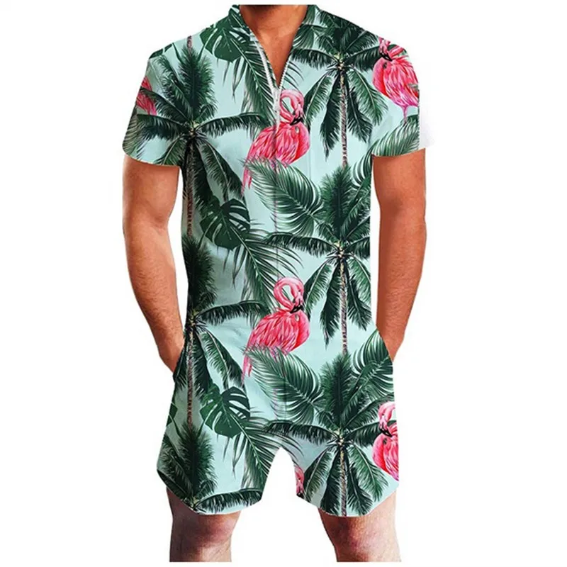 flamingo in Hawaii New Mens Rompers 90s Jazz Solo 3D Paper Cup Printed Jumpsuit Harem Cargo Overalls Summer Hip-Hop Casual Bibs Pants Dropship - Цвет: flamingo in Hawaii