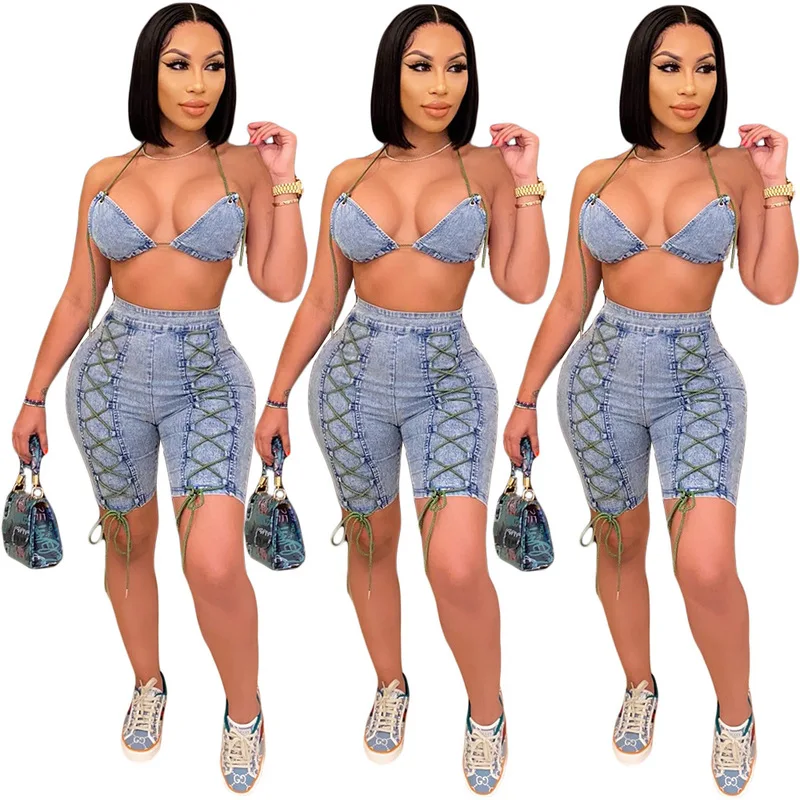 

Denim 2 Piece Sets Womens Spaghetti Strap Bodycon Crop Top and High Waist Bandage Denim Shorts Sets
