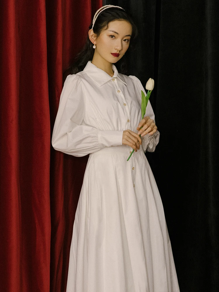 

Женское однобортное платье в Корейском стиле ретро, белое платье-рубашка в стиле ретро с лацканами и пышными рукавами, Осеннее свободное По...