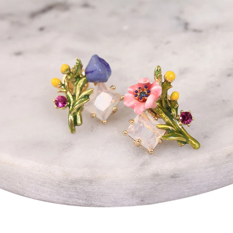 

French Designer 3D Nature Flowers Earrings for Women Luxury Jewelry Real Gold Plated Dripping Glaze AAA Zircon S925 Girls Gifts