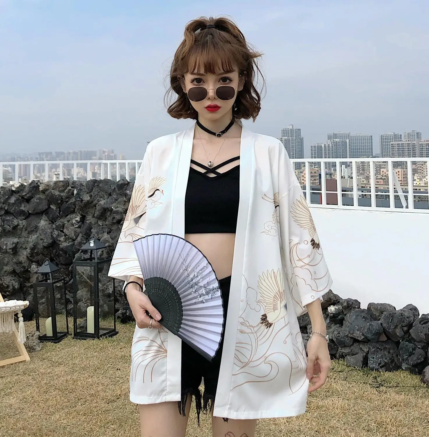 

Wave Crane Printed Japanese Kimono Traditional Clothing Anime Kimono Shirts Women Samurai Haori Hombre Yukata Man Cardigan Shirt