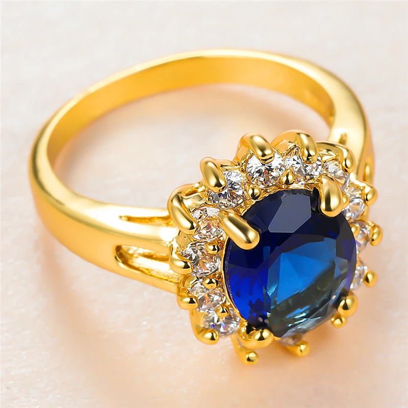 

Luxury Female Blue Zircon Stone Ring Yellow Gold Color Flower Wedding Ring Promise Oval Crystal Love Engagement Ring